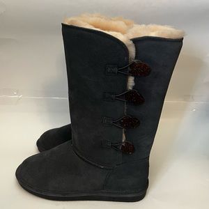 BEARPAW WOMEN'S LORI SHEEPSKIN SUEDE MID CALF WINTER BOOTS SZ10 CHARCOAL 2250W